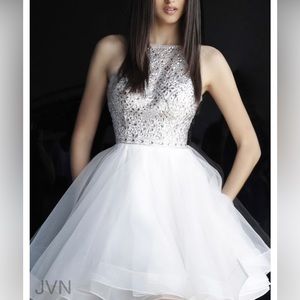 JVN by Jovani Homecoming Dress white with pink crystal beading on halter top.